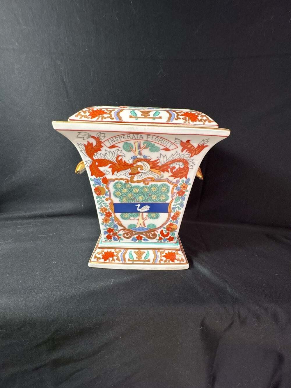 Chinese Export Style Famille Rose Porcelain Square Vase Flower Frog w/ Insperata